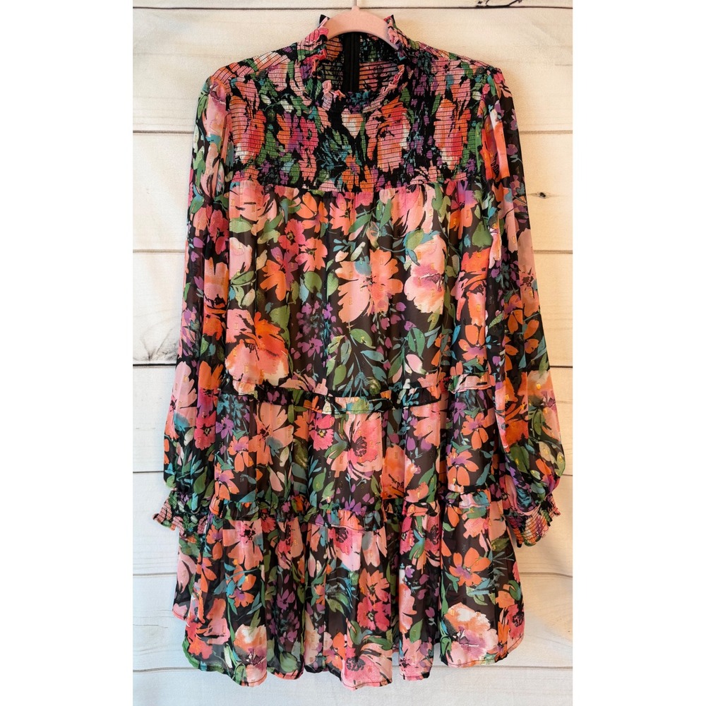 Fate Floral Smocked Mock Neck Tiered Mini Dress Black Multi Metallic FD33011 M